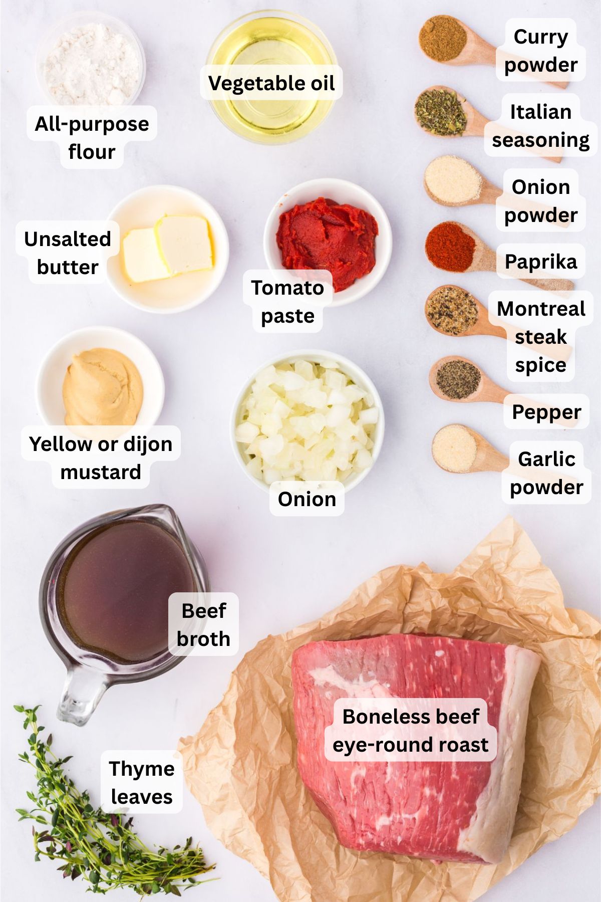 Ingredients to make a round roast in bowls on a table.