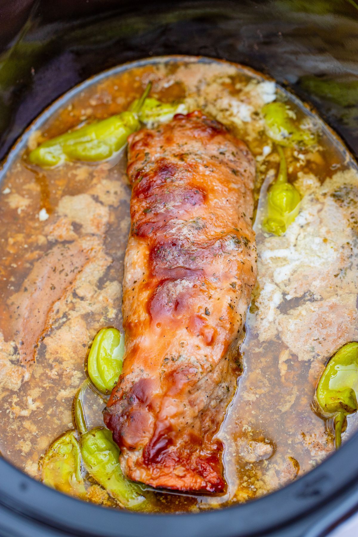 Cooked tenderloin in the slow cooker.