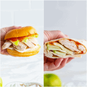 A collage of two photos. The left photo is Chicken Apple Brie Sandwich held by hand. The right photo is Turkey Apple Brie Wrap held by hand.
