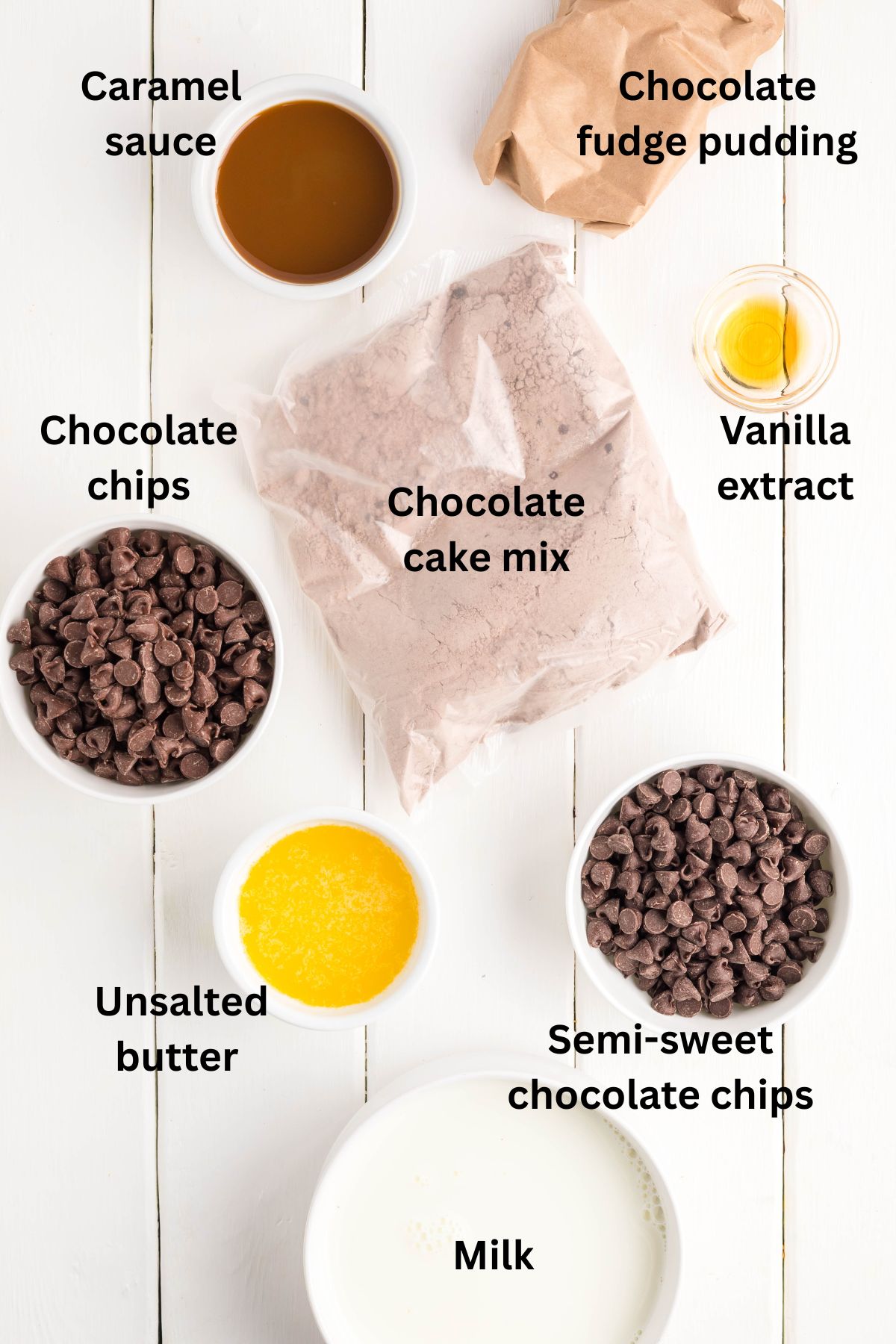 Ingredients to make a chocolate pudding cake on a white surface and labels to identify each.
