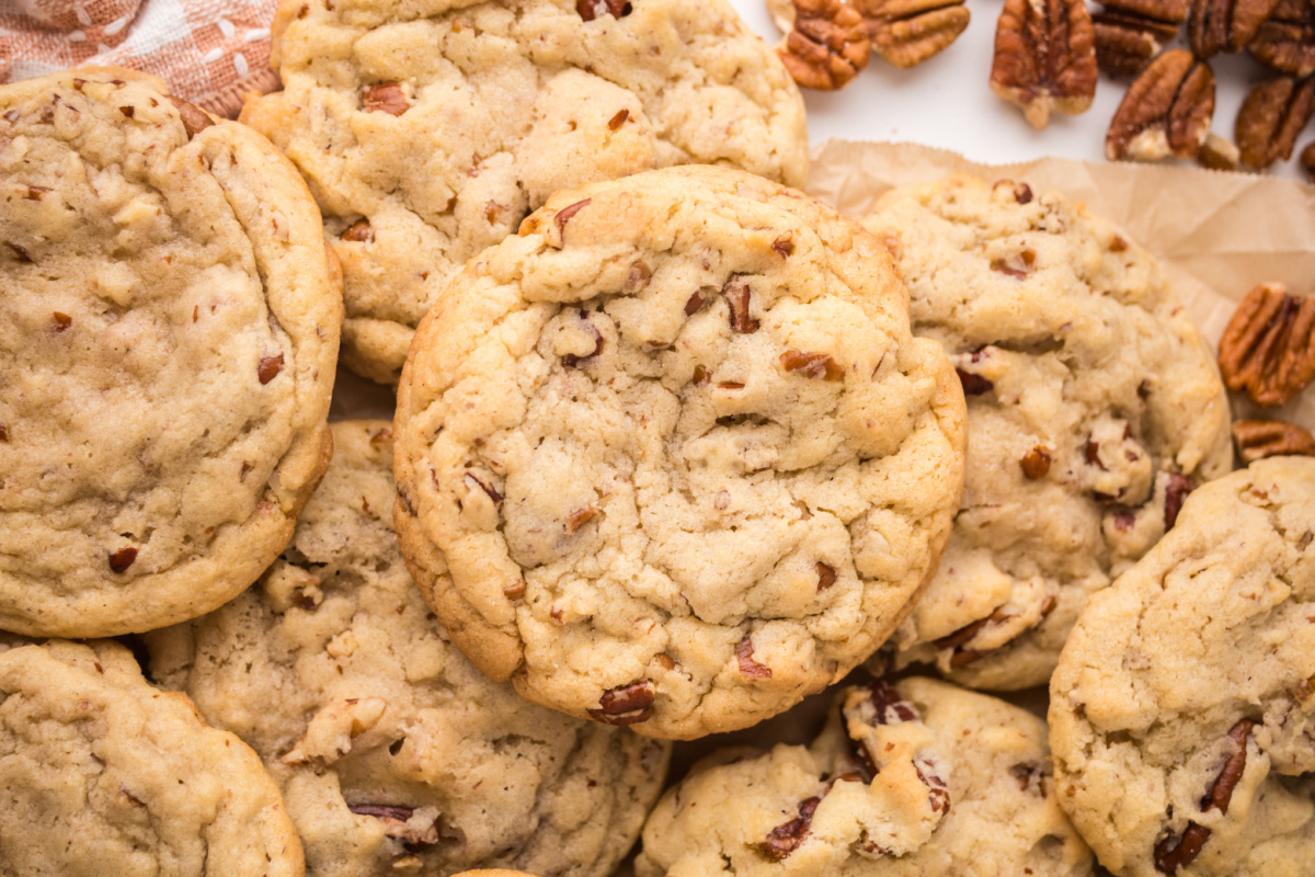 A close-up of a cookie on a bed of other cookies