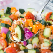 A spoonful of Greek Lentil Salad over a bowlful.