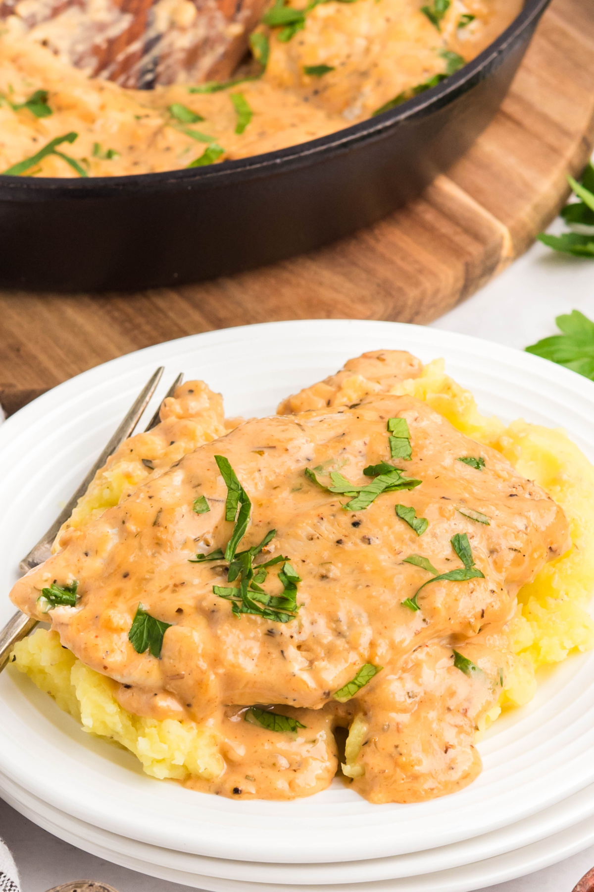 Creamy chicken over mashed potatoes.