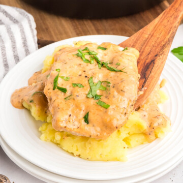 Creamy garlic parmesan chicken being placed on a plate.
