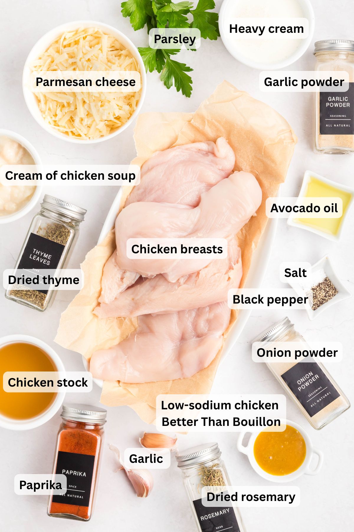 Ingredients to make this chicken on a table.