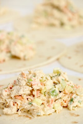 Scoop of chicken salad on a tortilla