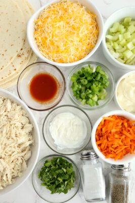 Overhead photo of all the ingredients needed to make Chicken Salad Snack Wraps.