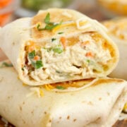 Chicken salad wrap cut in half and stacked on top.