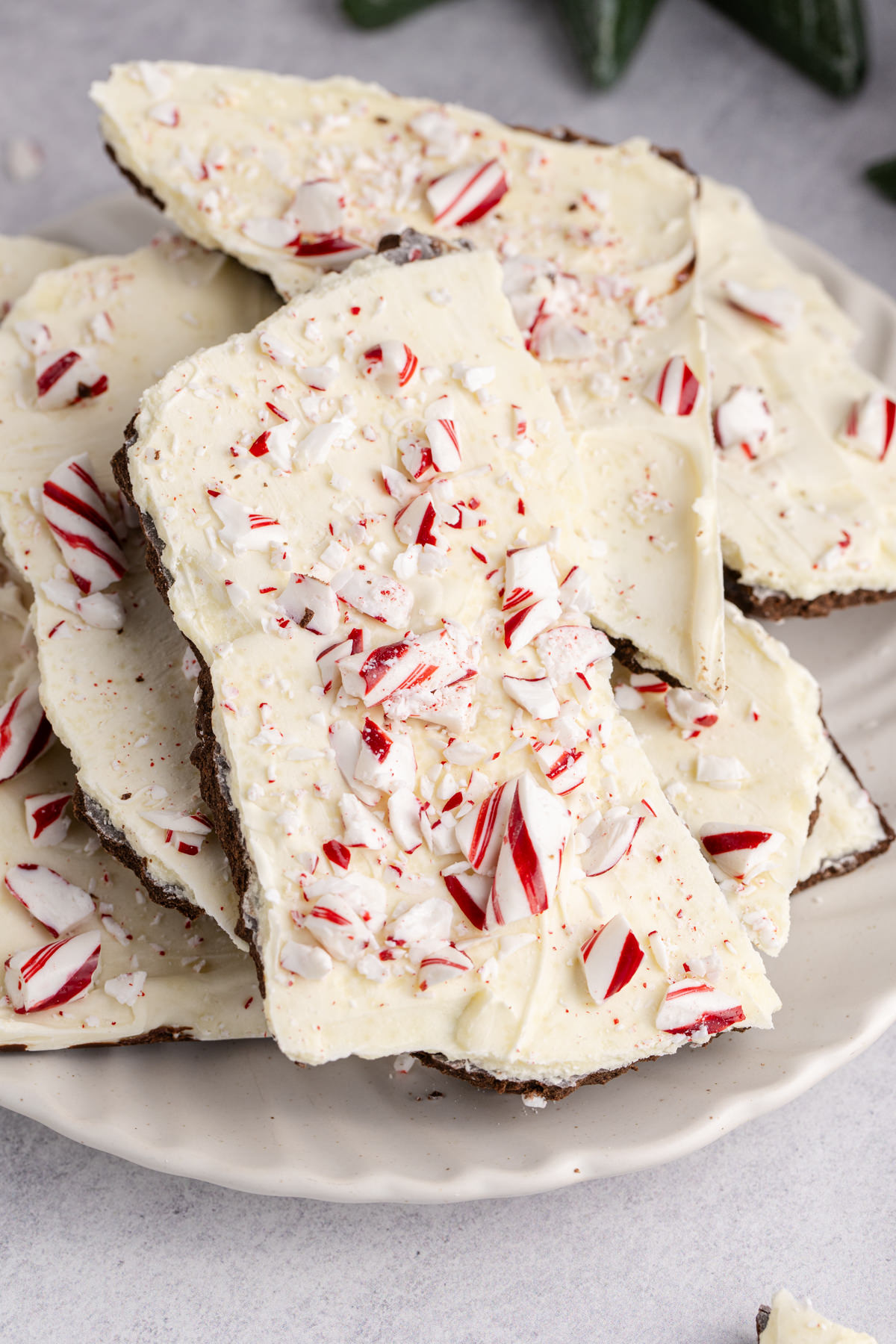 A plate filled with costco peppermint bark.