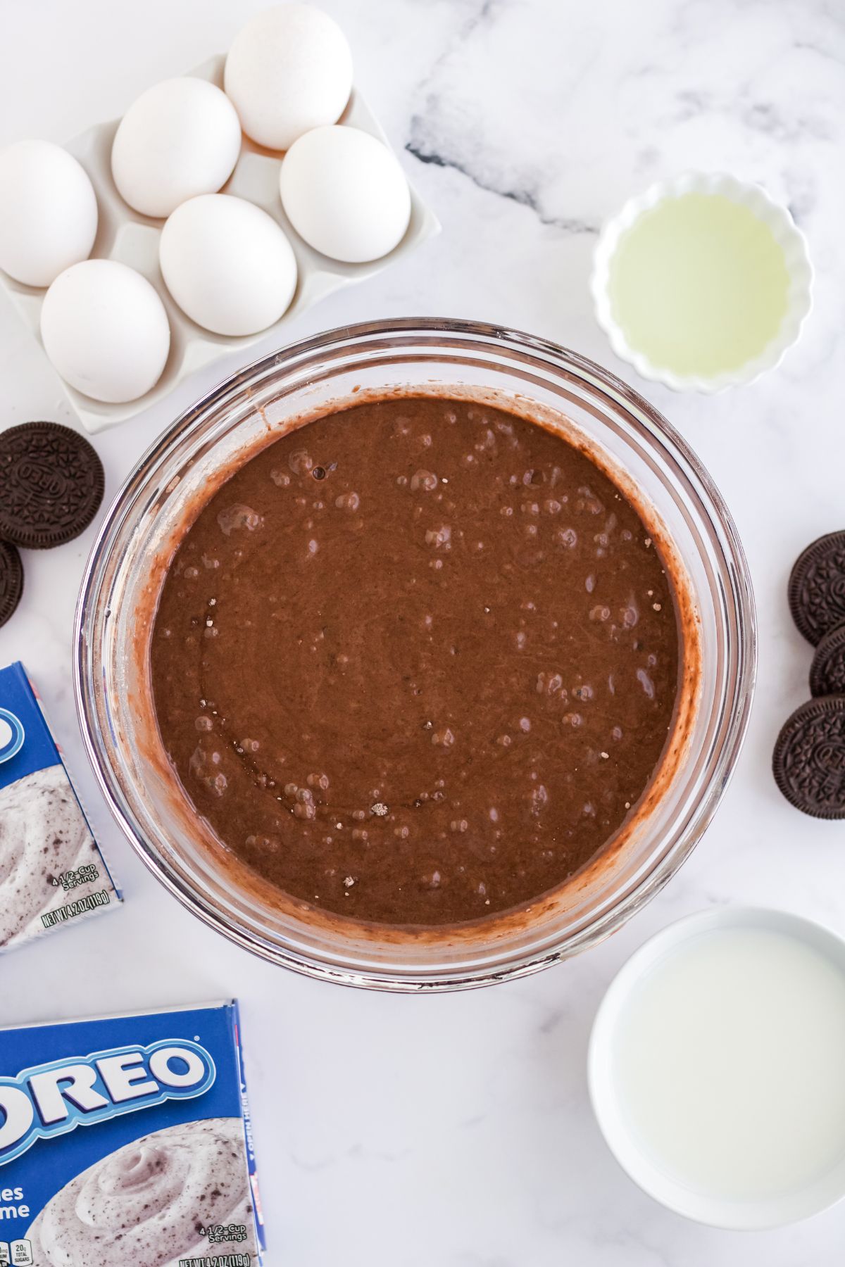 Chocolate cake batter in a bowl.