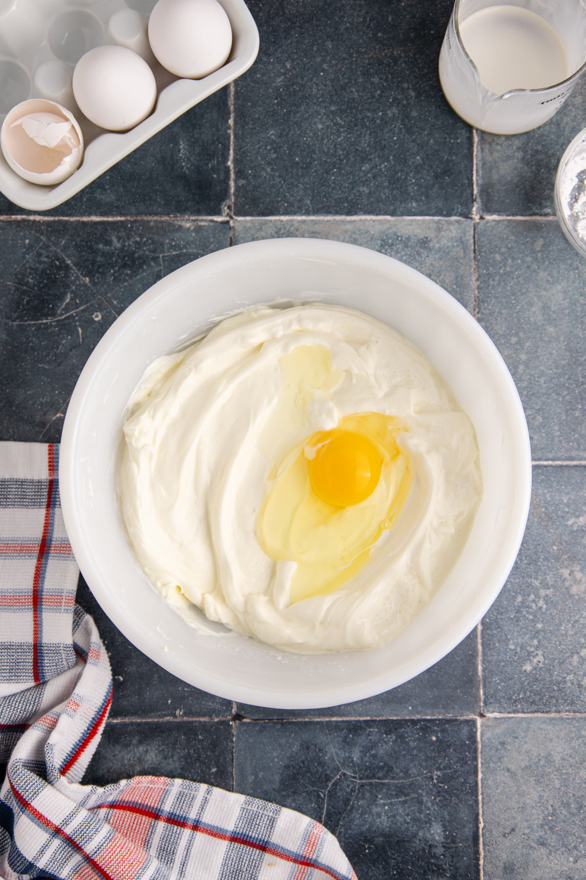 Egg in a cream cheese and sugar mixture.