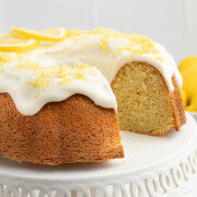 Lemon bunt cake on a serving tray.