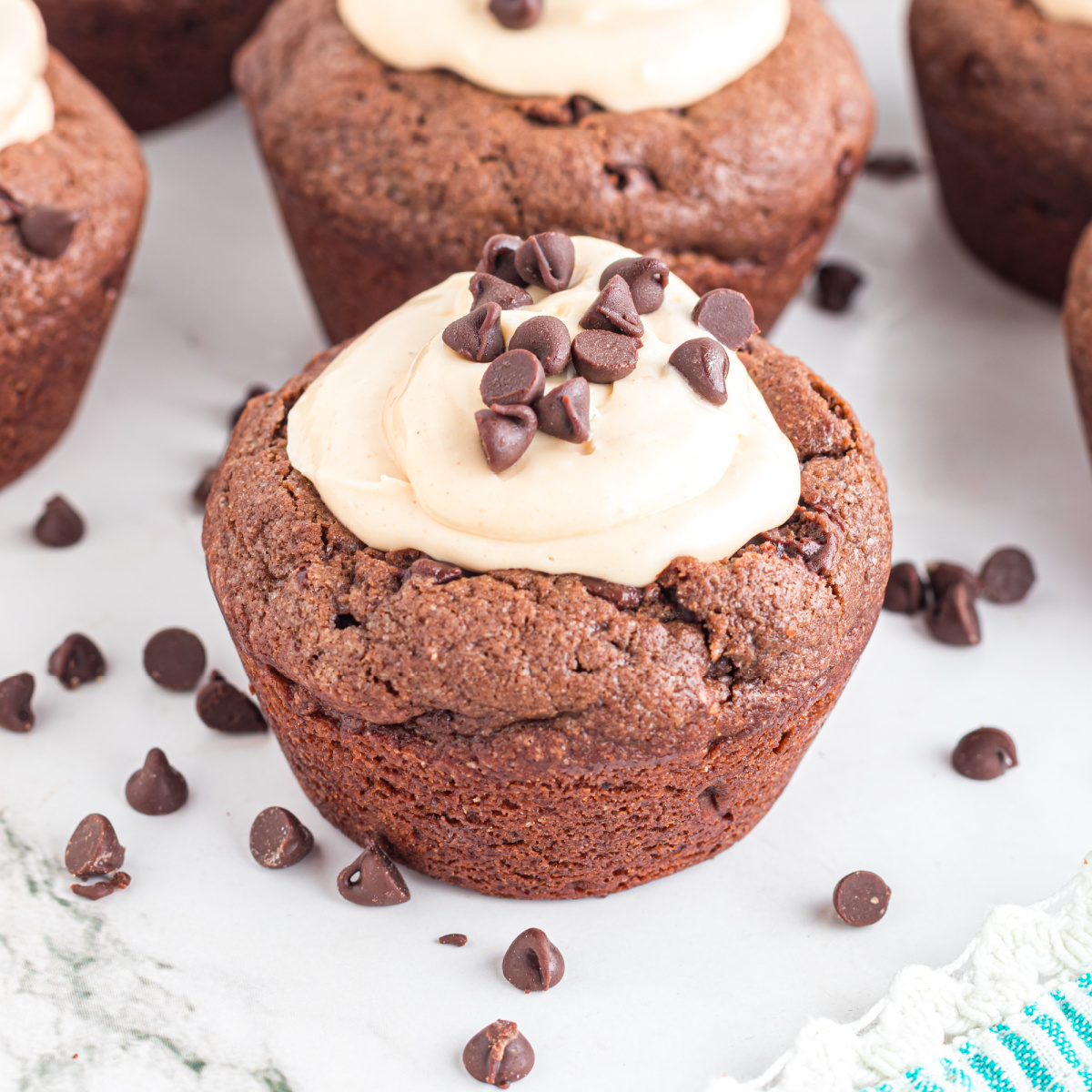 Close up of a batch of Mini Peanut Butter Cheesecakes with chocolate chips scattered in background 