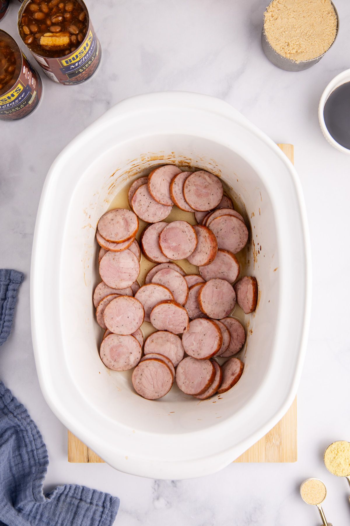Kielbasa cooking in the slow cooker.