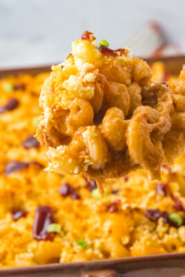 Closeup photo of a spoonful of BBQ mac and cheese.