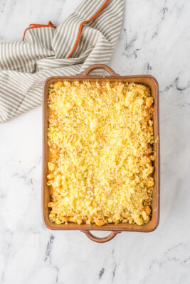 Mac and cheese covered in crumbled cornbread.
