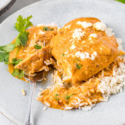 Creamy chipotle chicken on a plate with rice and cilantro.