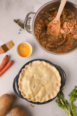 Top of the pie has been brushed with an egg.