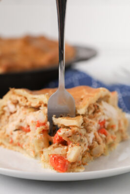 Closeup photo of a slice of pie on a plate, a fork is impaled into the slice.