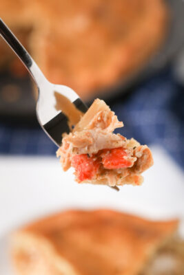 Closeup photo of a forkful of chicken pot pie.