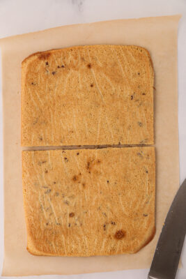 Cookie is cut in half.