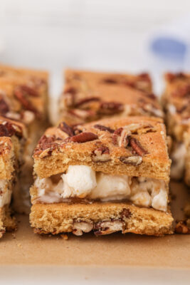 Close up of butter pecan ice cream cookie ice cream sandwich cut into squares and ready to eat.