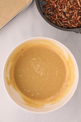 Dry ingredients are mixed into the wet ingredients.