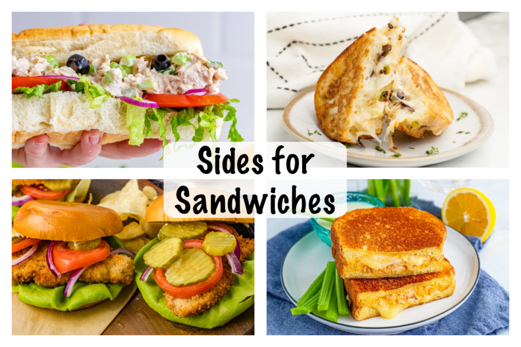 Collage of four different sandwich recipes including grilled cheese, sub sandwich, and veggie burger