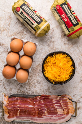 Overhead photo of all the ingredients needed to make Keto Bacon Egg Cups.