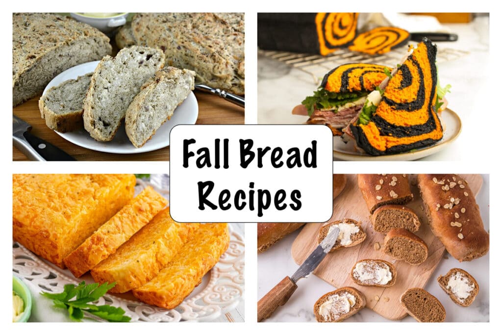Collage of four Fall Bread Recipes including:
Sweet Onion Sage Bread
HALLOWEEN SANDWICH BREAD
Best Bread for Grilled Cheese
Cheesecake Factory’s Brown Bread