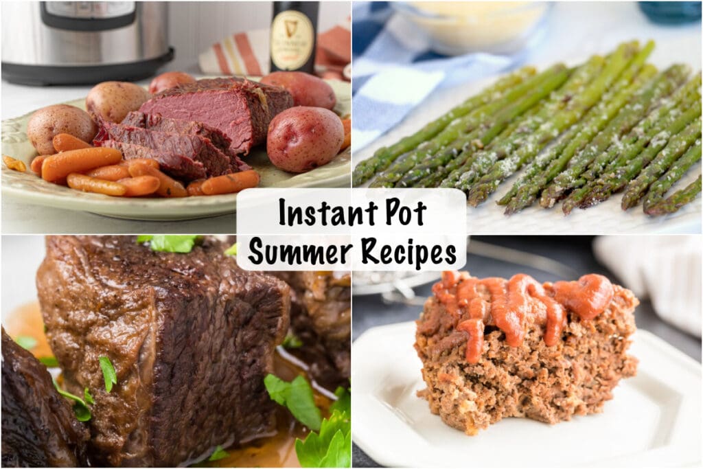 Collage of four instant pot recipes including:
Corned Beef and Veggies
Beef Short Ribs
Low Carb Meat Loaf
Asparagus