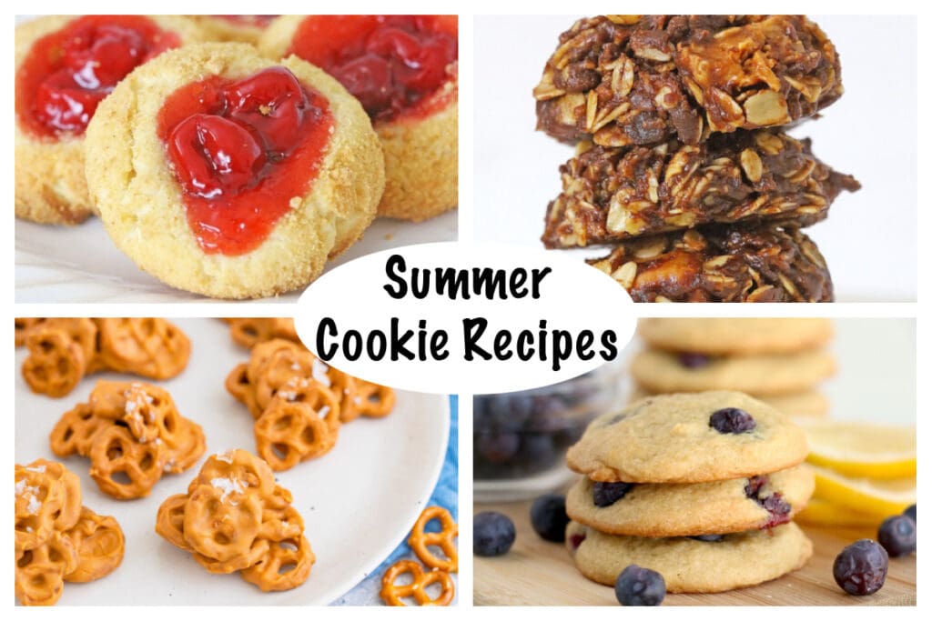 Collage of four summer cookie recipes including:
No Bake Cookies with Old Fashioned Oats and Caramel,
No Bake Pretzel Cookies,
Creamy Thumbprint Cherry Cheesecake Cookie,
Blueberry Lemon Cookies.