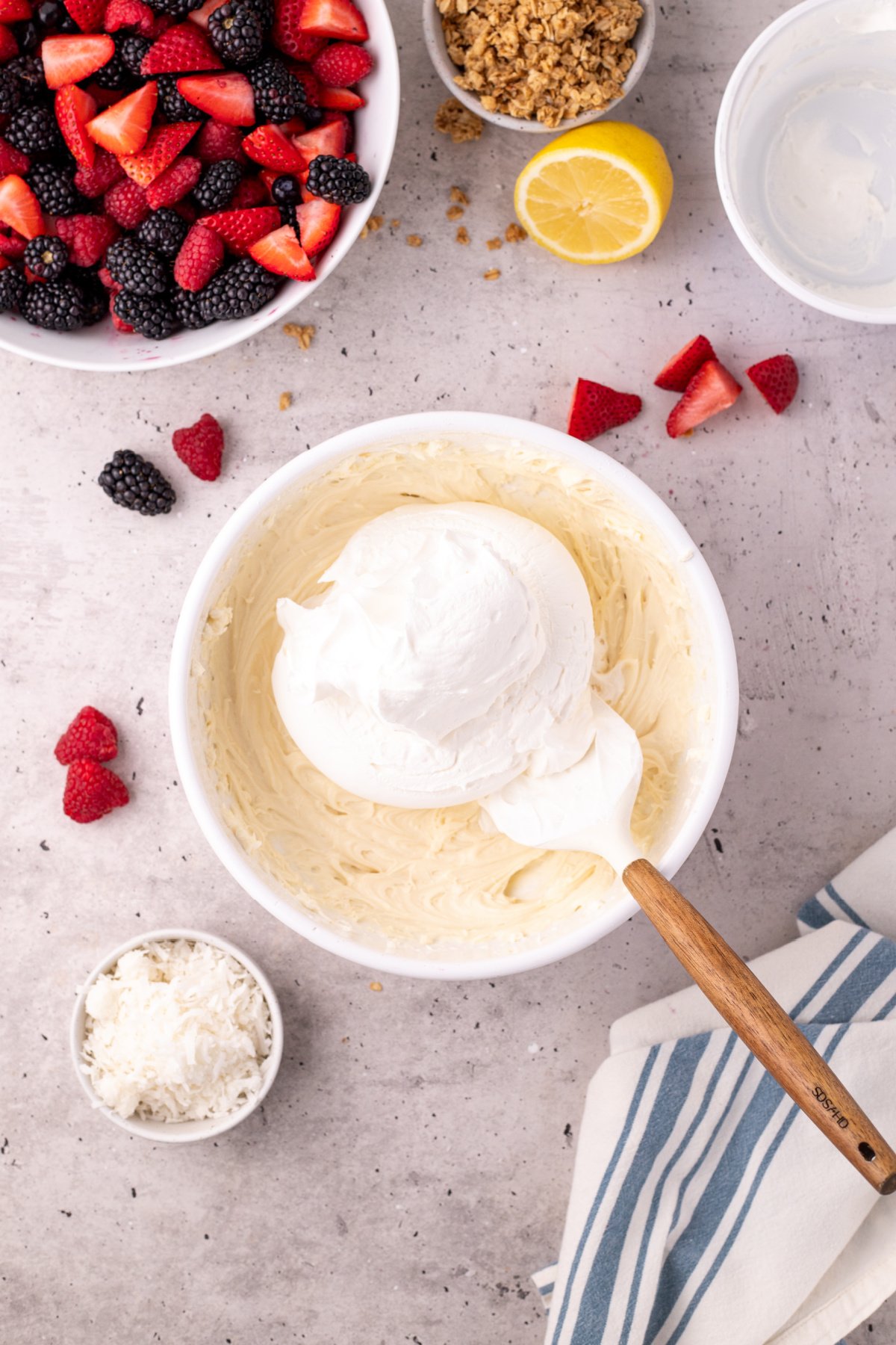 Cool Whip added into the cream cheese mixture.