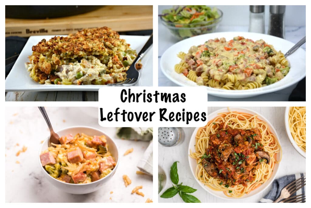 Collage of four Christmas Leftover Recipes including:
Crock Pot Turkey Bolognese,
Turkey Pot Pie with Stuffing Crust,
Slow Cooker Ham and Rice Casserole, and
Creamy Parmesan Ham Pasta.