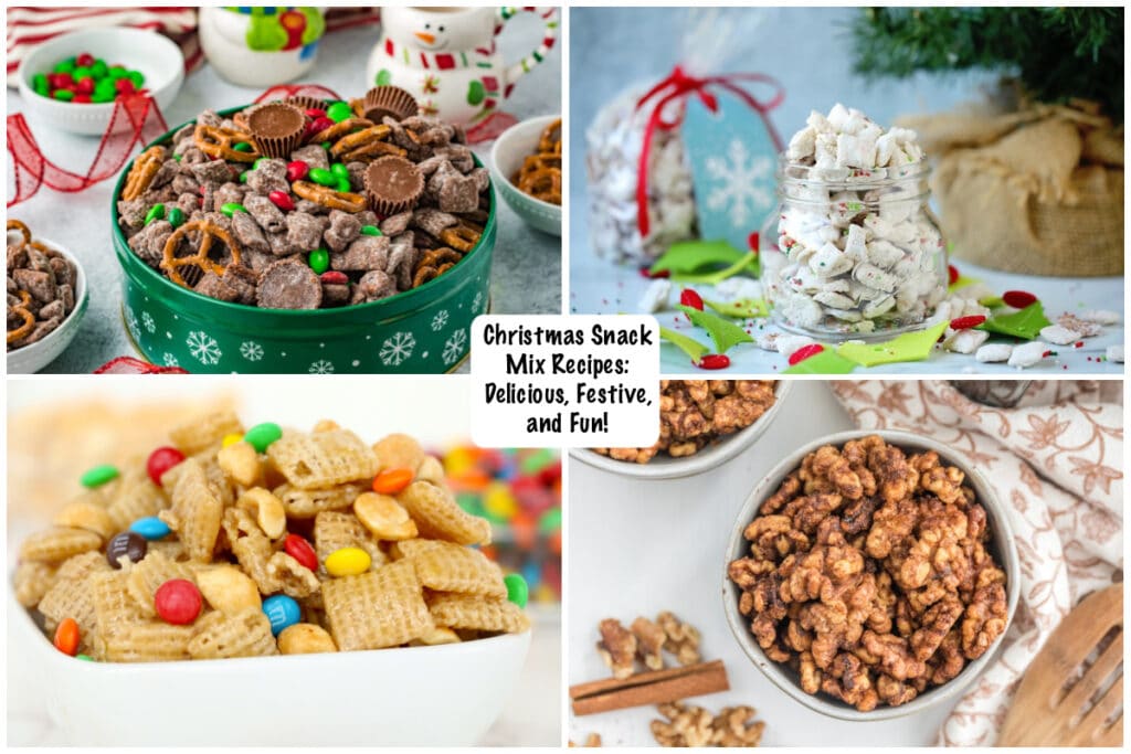 Collage of four Christmas Snack Mix Recipes including:
Reindeer Chow (Top left),
Chocolate Cake Chex Mix (Top left),
Caramel Chex Mix (Bottom left), and
Air Fryer Spiced Walnuts (Bottom right).