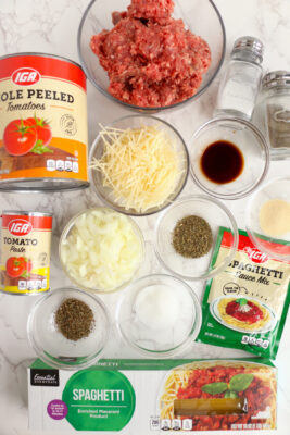 Overhead photo of all the ingredients needed to make school cafeteria spaghetti.