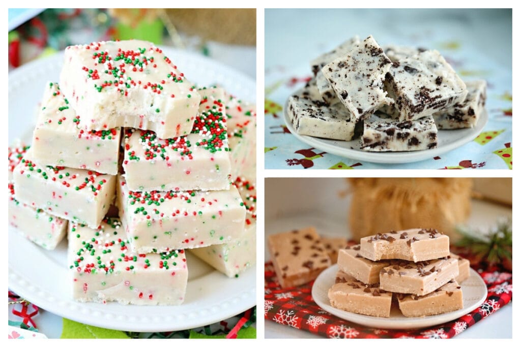 Collage of four Christmas Cookie Fudge Recipes including:
Sugar Cookie Fudge,
Cookies and Cream Fudge, and
Chocolate Chip Cookie Dough Fudge.