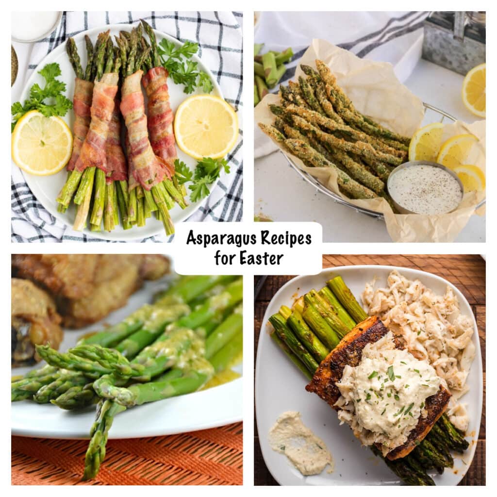 Collage of four asparagus recipes including:
Bacon Wrapped Asparagus,
Crispy Fried Parmesan Asparagus,
Mustard Vinaigrette Asparagus Salad, and
Salmon Oscar.