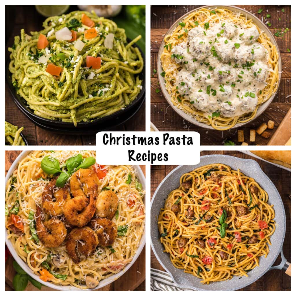 Collage of four Christmas Pasta Recipes including:
Bistro Shrimp Pasta,
Alfredo Meatballs,
Spaghetti Verde, and
Fried Spaghetti.