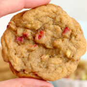 A rhubarb cookie held up by a hand to show the front of it.