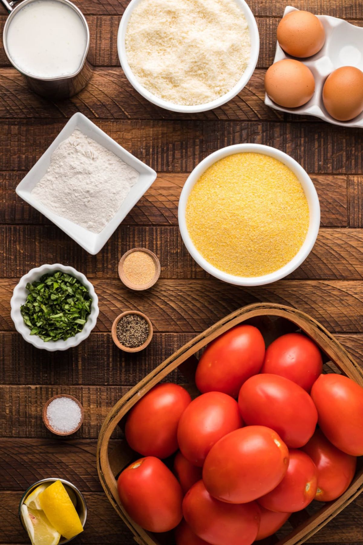 Ingredients for fried tomatoes on a table.