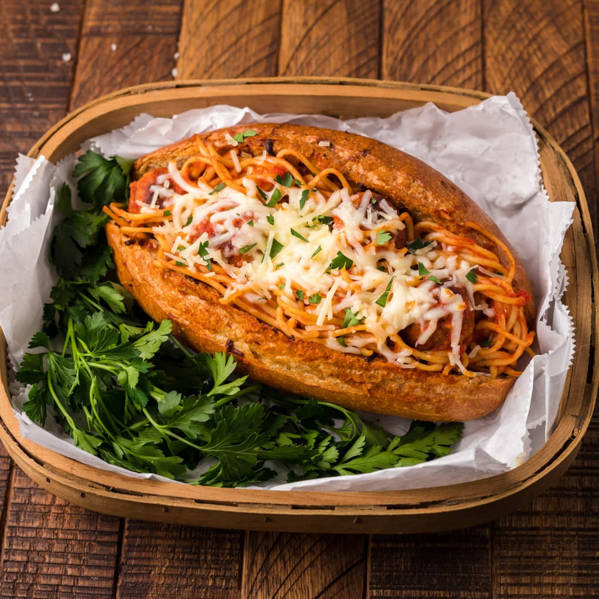 Bowl with Spaghetti stuffed subs combined with  meatball subs