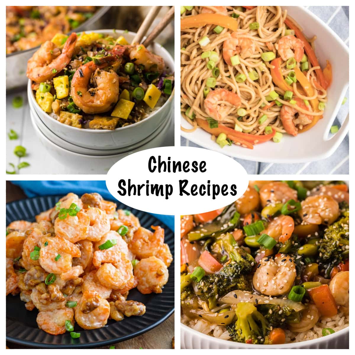 Collage of four Chinese shrimp recipes.