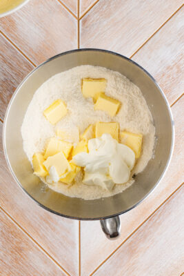 butter and cream added to dry ingredients.
