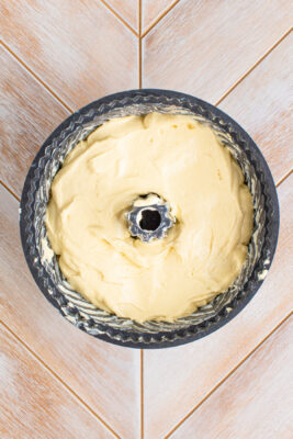 more batter on top of streusel in prepared pan