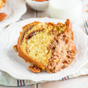 closeup slice of cake on white plate