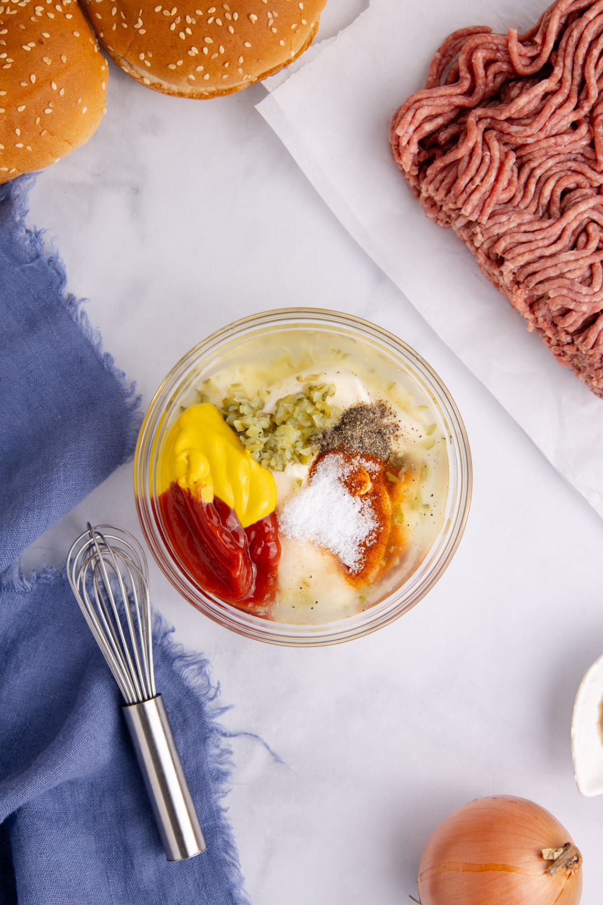 Ingredients for the Mac sauce in a bowl.