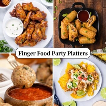 Four different photos of recipes for Finger Food Party Platters.