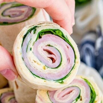 A hand holding a roll up slice.