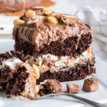 A slice of Snickers Bar Layer Cake.